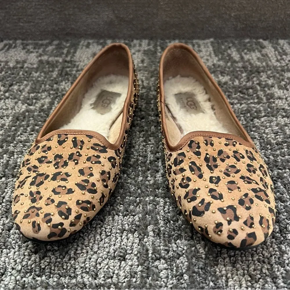 UGG Animal Leopard Print Flats Sheepskin Lined Studded Slip On Shoes Size 5‎